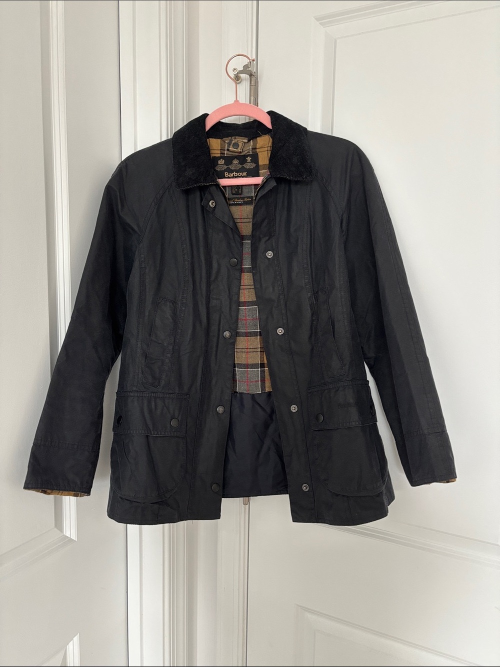 Barbour Navy Blue Waxed-Cotton Trench Coat with Tartan Lining